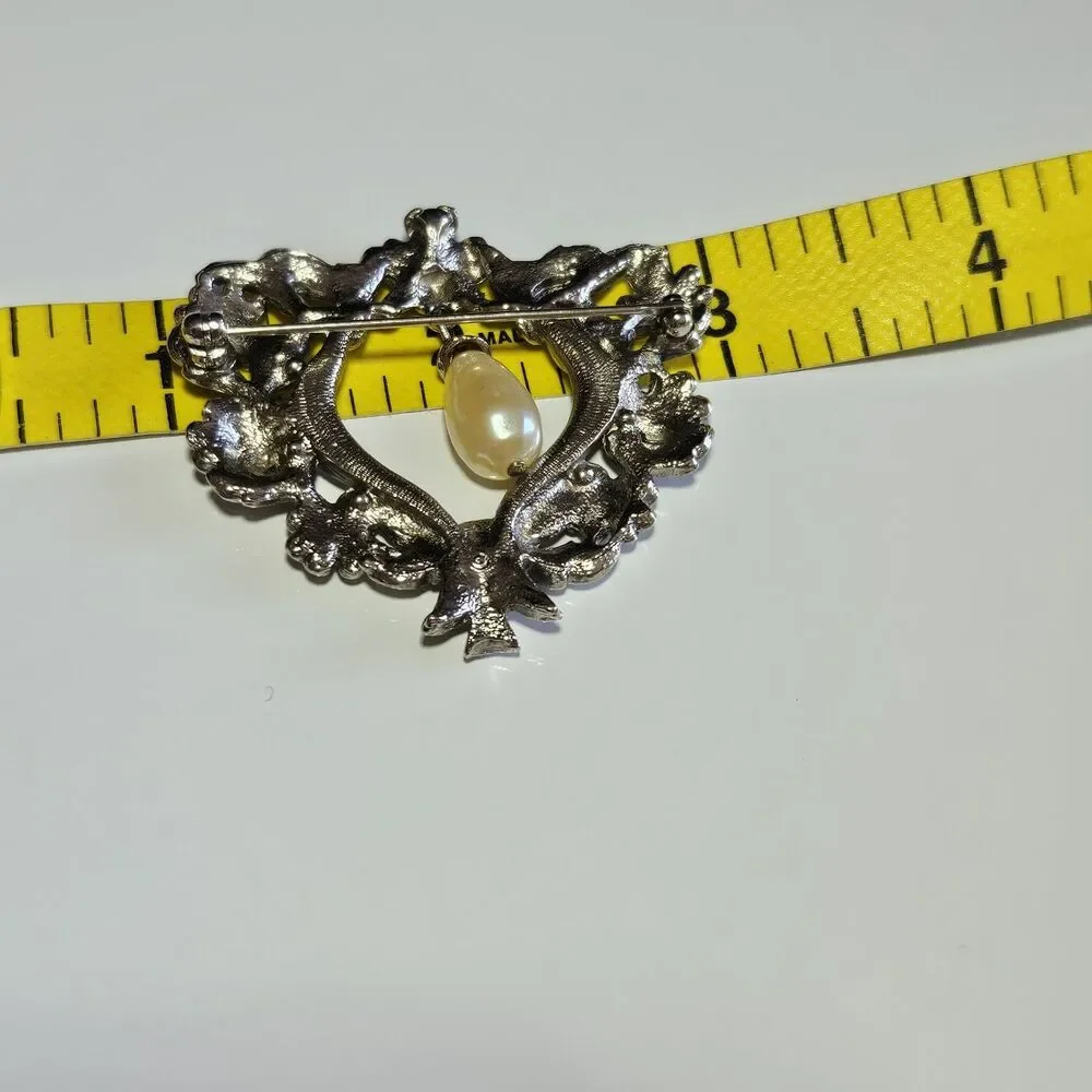 Avon Silver Tone Victorian Style Brooch Pin Floral Faux Pearl Vintage